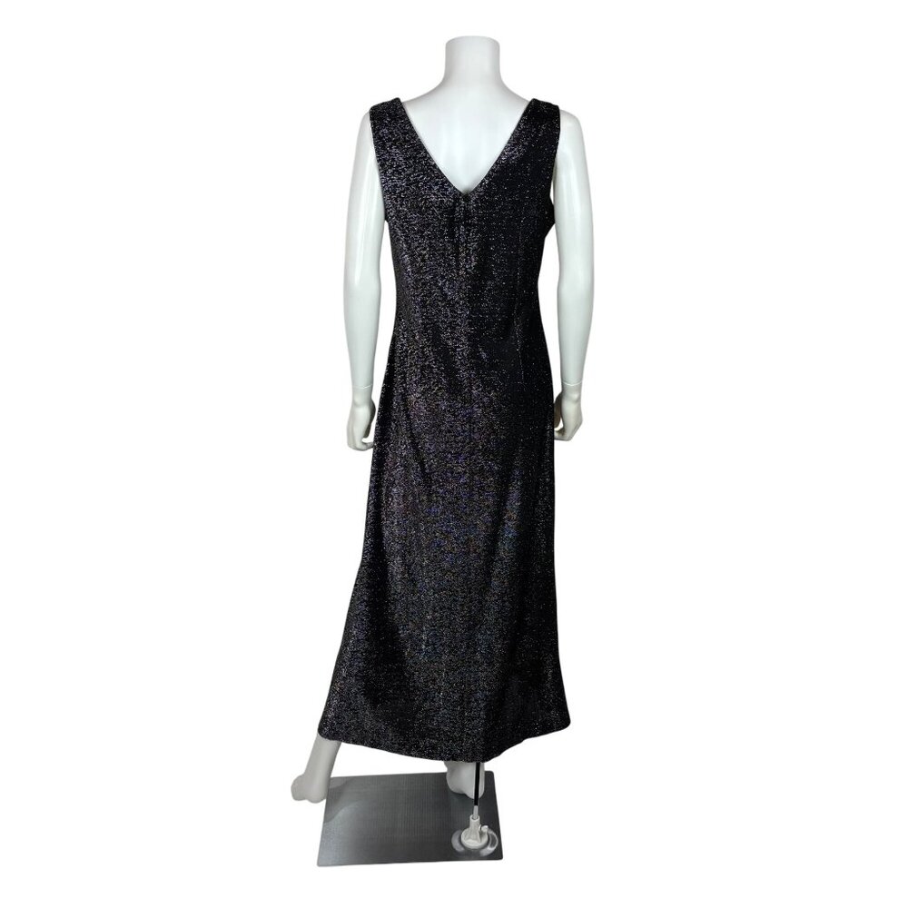 Vintage 70s Metallic Dress Womens Large Black Silver Lurex V Neck Midi Evening P - Picture 8 of 10